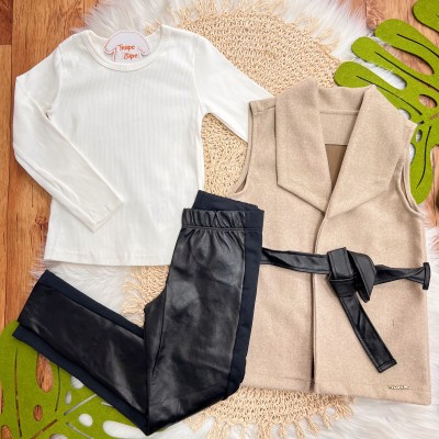 Conj. Colete em Fleece, Blusa Manga Longa Canelada e Legging em Couro Ecológico - Areia e Preto